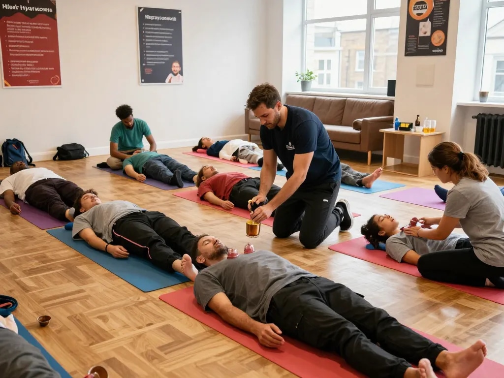 Students engaged in a Hijama course in London, learning practical techniques in a lively training environment.