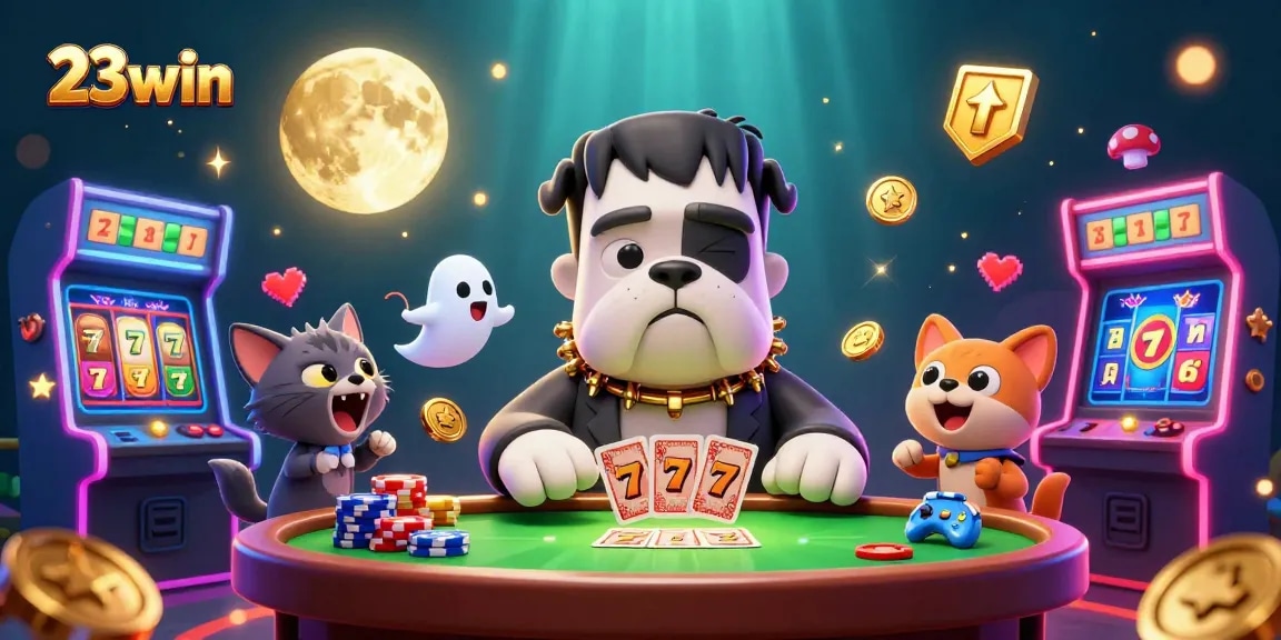 Engage with 23win's thrilling gaming experience featuring a 3D cartoon scene of a dog dealer.