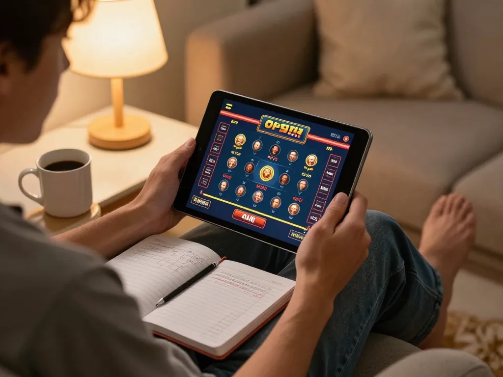 Engaging in online gambling at Nhà cái Lu88 with a tablet and strategic notes in a cozy home setting.