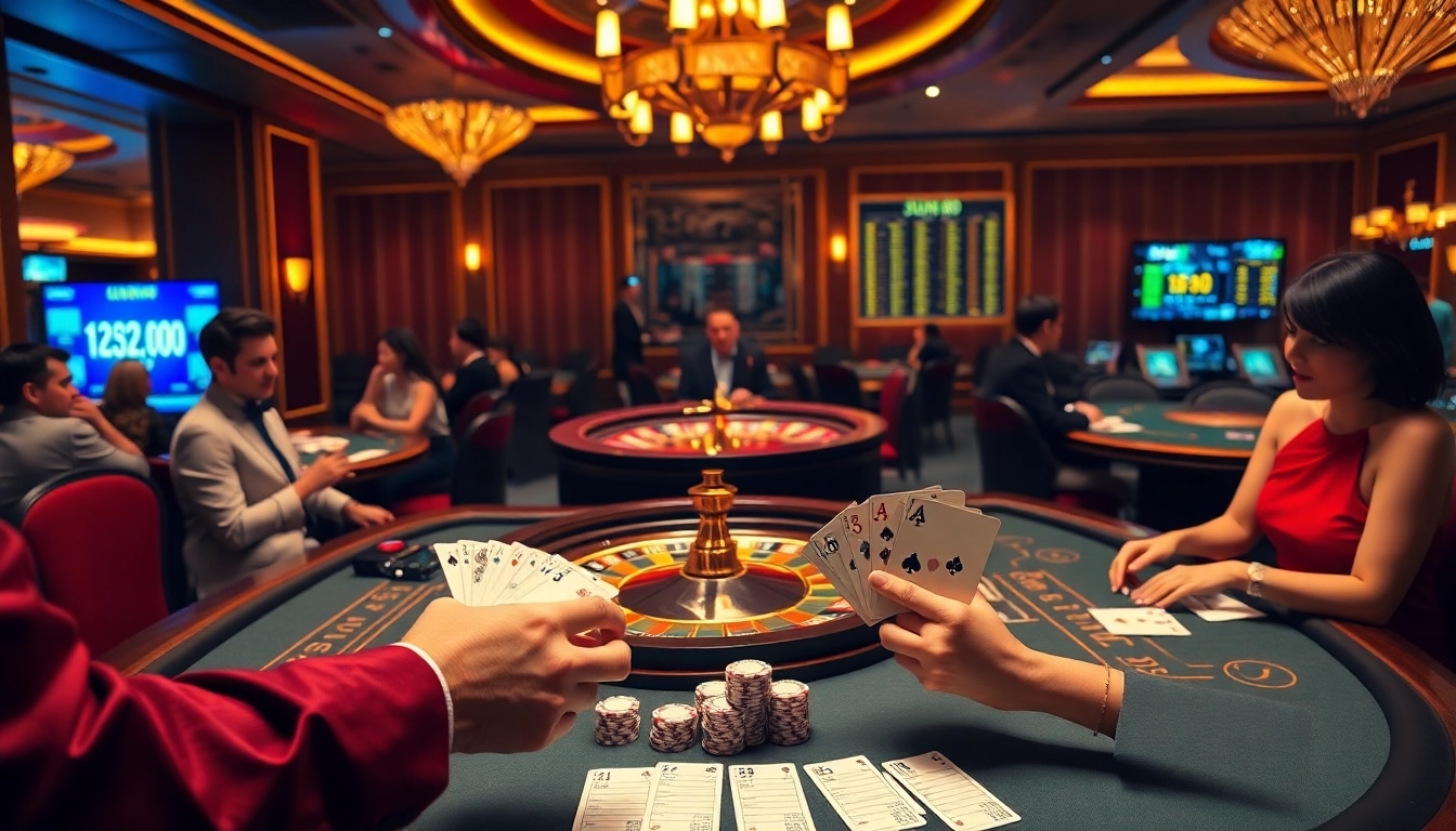 Exciting players engaging in high-stakes games at JUN 88 casino, featuring vibrant roulette and blackjack tables.