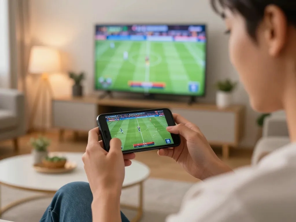 Betting on sports with 789p using a smartphone in a cozy living room setting