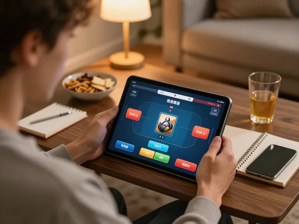 Engaging in online poker gameplay on a tablet, emphasizing strategic elements of rr88 in a cozy home setting