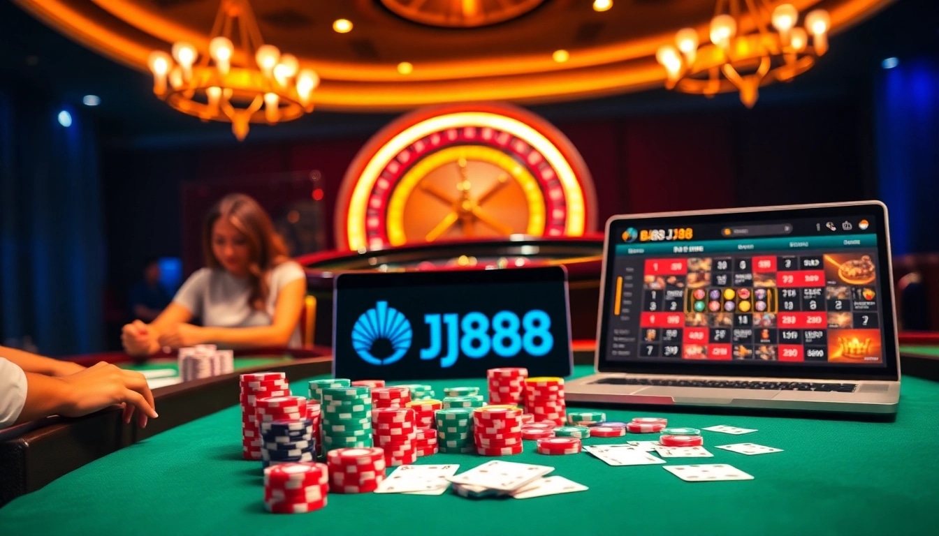 BJ88 players strategizing at a luxurious casino table with vibrant poker chips and online betting interface