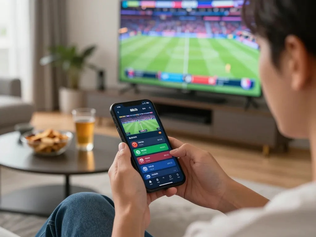 Gambler using 88clb app for sports betting in an inviting home setting.