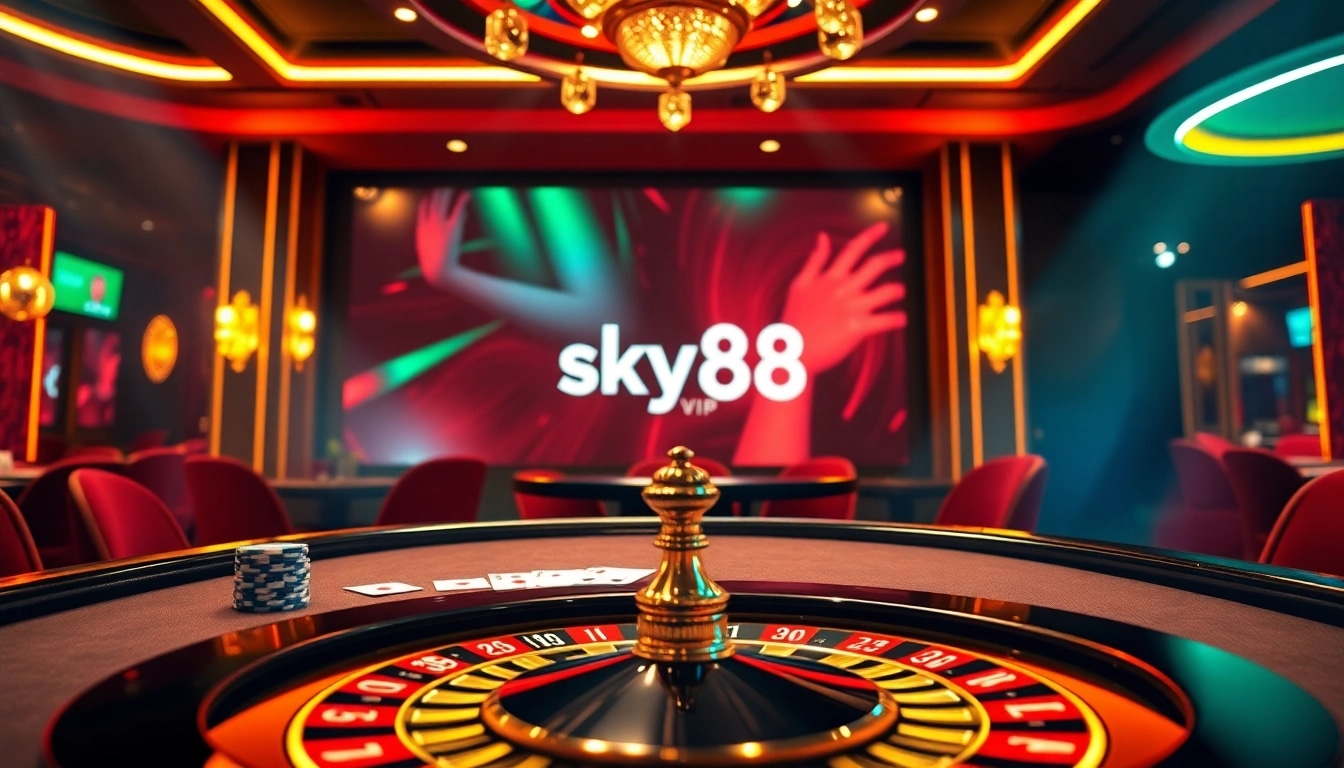 Experience high-stakes poker action at sky88.vip with vibrant casino elements and luxurious ambiance.