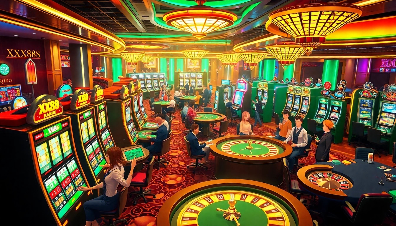 Experience high-stakes excitement at XX88-themed casino tables with vibrant games.