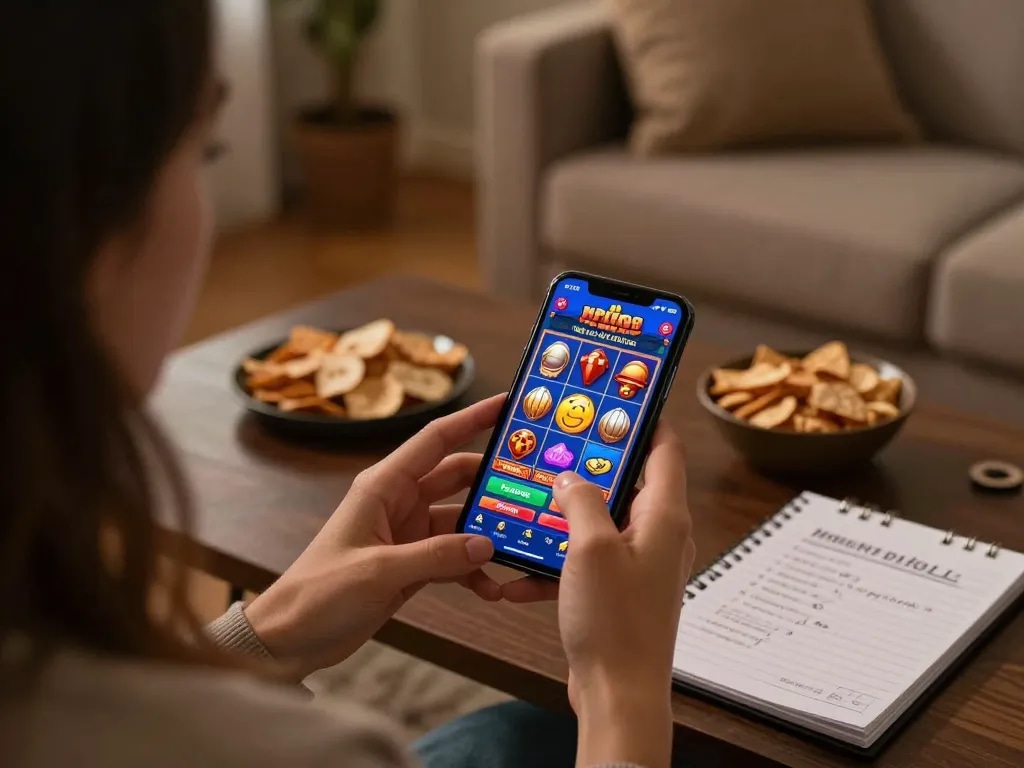 Engaging with okking mobile casino app in a cozy home setting, showcasing strategic gameplay.