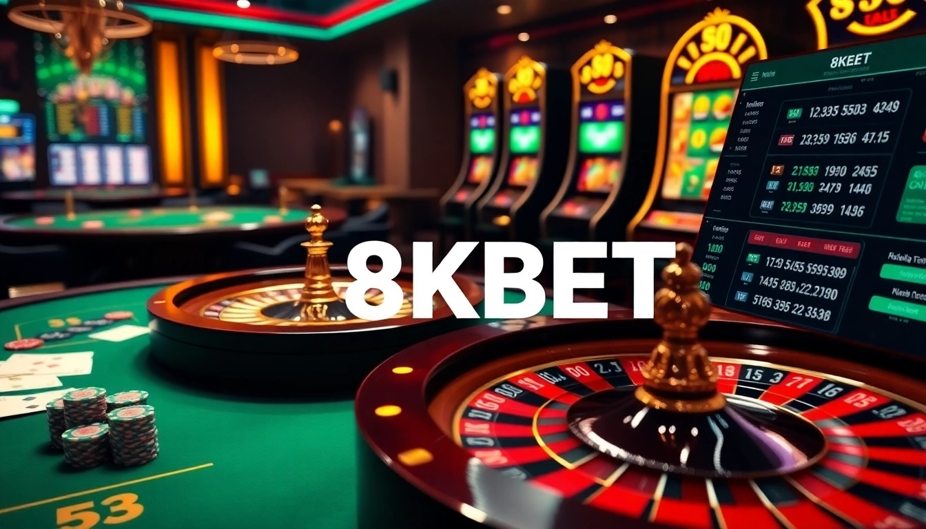 Experience the excitement of 8KBET online gambling with luxurious casino tables and dynamic betting visuals.