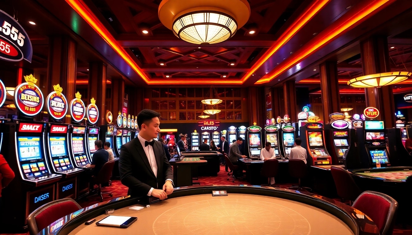 Experience thrilling gaming action at BL555's luxurious casino floor with vibrant tables and eager players.