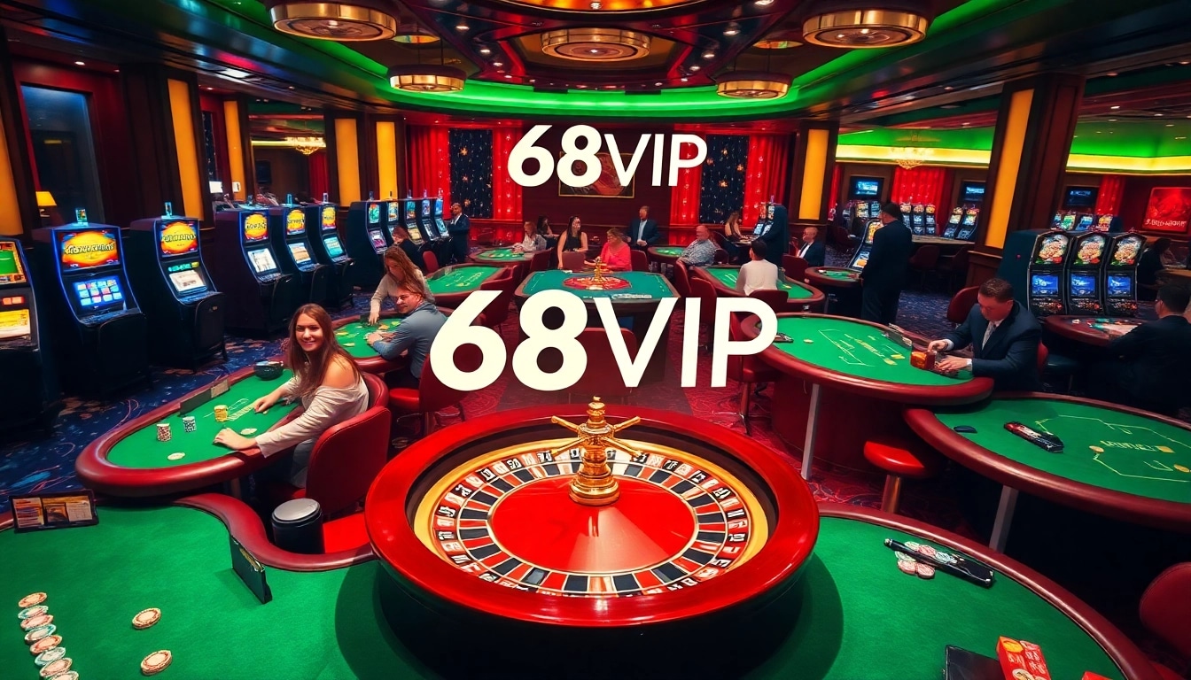 Exciting casino scene showcasing 68VIP branding with vibrant games and engaging players.