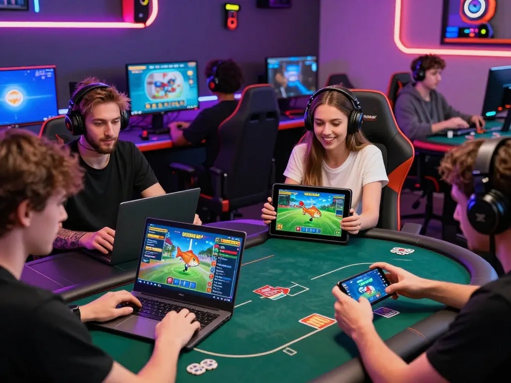 Group of gamers enjoying diverse entertainment on DA88, showcasing vibrant online gaming atmosphere