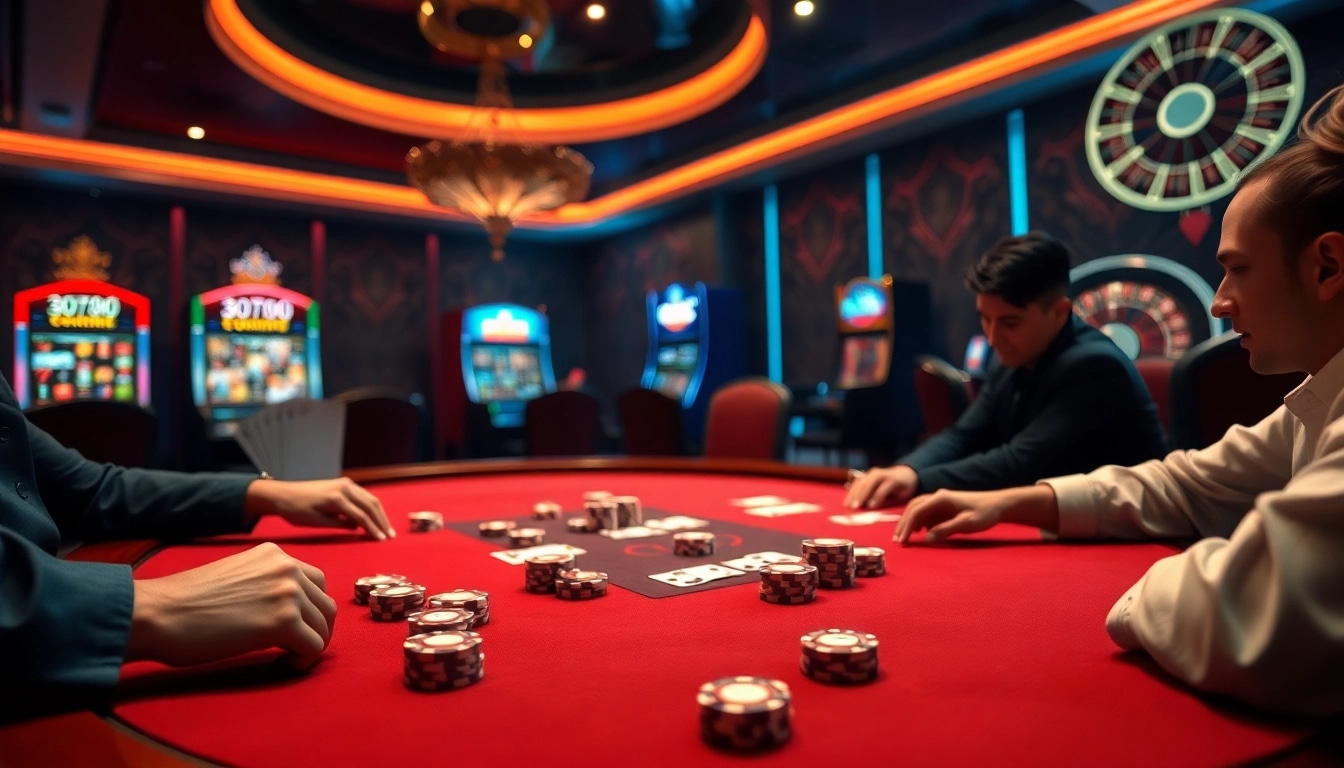 Players enjoying a thrilling poker game at kim88's luxurious casino.