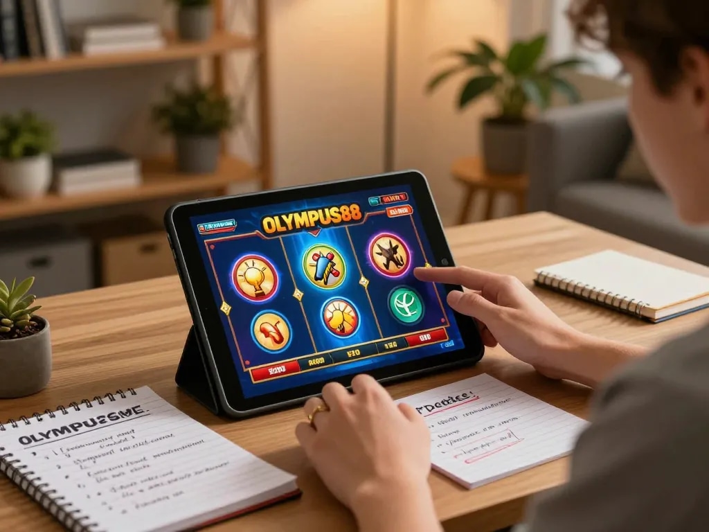 Engaging in OLYMPUS88 slot games on a tablet amid strategic betting notes in a cozy home.