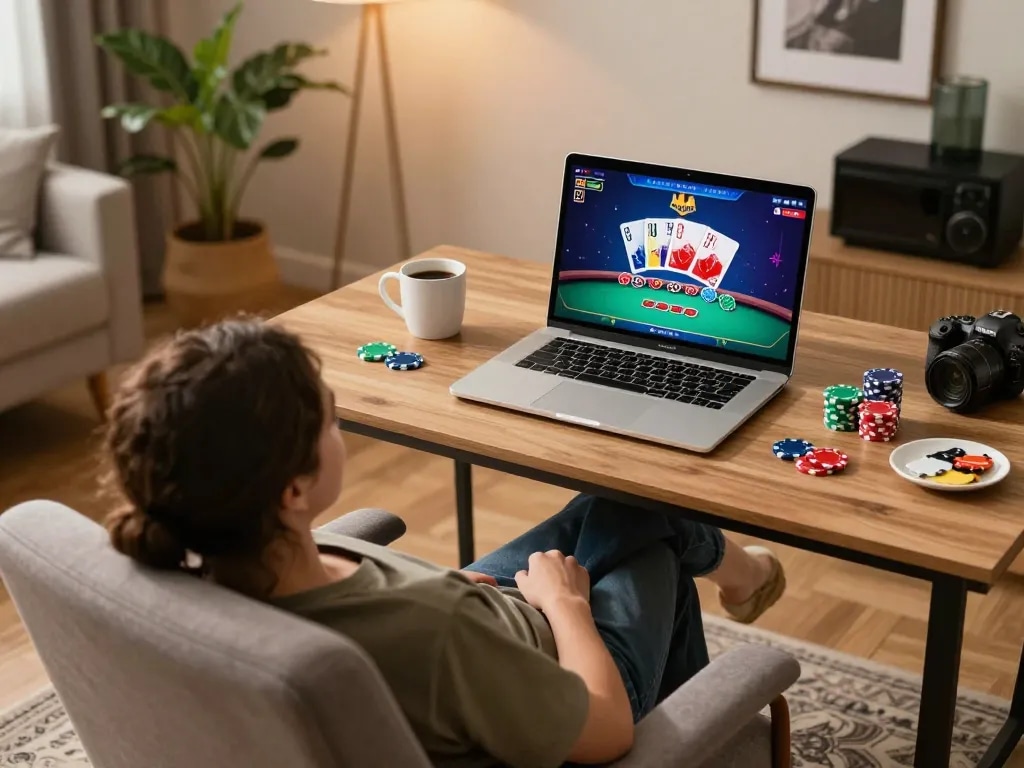 X88 gaming online effectively while enjoying a cozy home setup, featuring vibrant poker game interface.