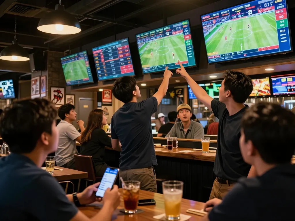 Placing bets on kèo nhà cái app while watching live sports in a bustling sports bar.