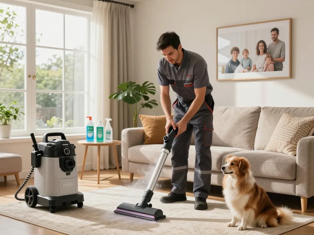 Cleaning & maintenance blogs featuring a professional upholstery cleaner using steam cleaning in a bright living room, showcasing eco-friendly products and family life.
