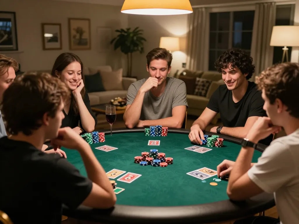 Fabet poker night with friends enjoying active gameplay and strategic discussions around the table.