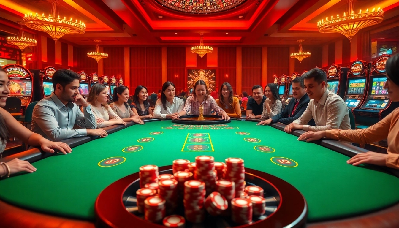Gamblers engaging at a vibrant casino table while exploring https://pu88.gr.com/ with excitement and luxury.