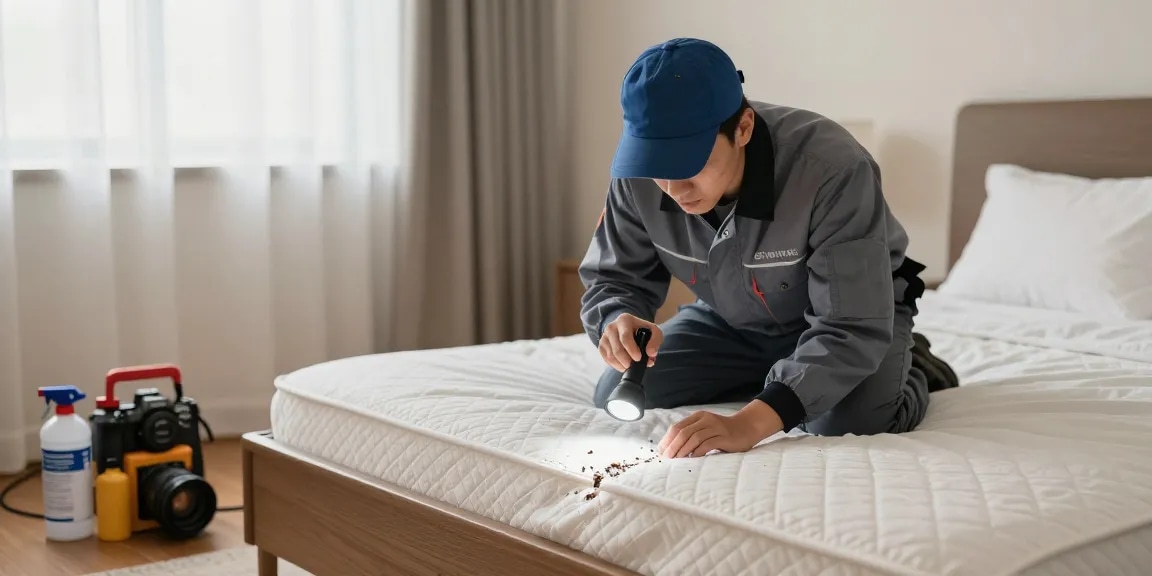 Professional pest control technician conducting bed bug control inspection in a well-lit bedroom.