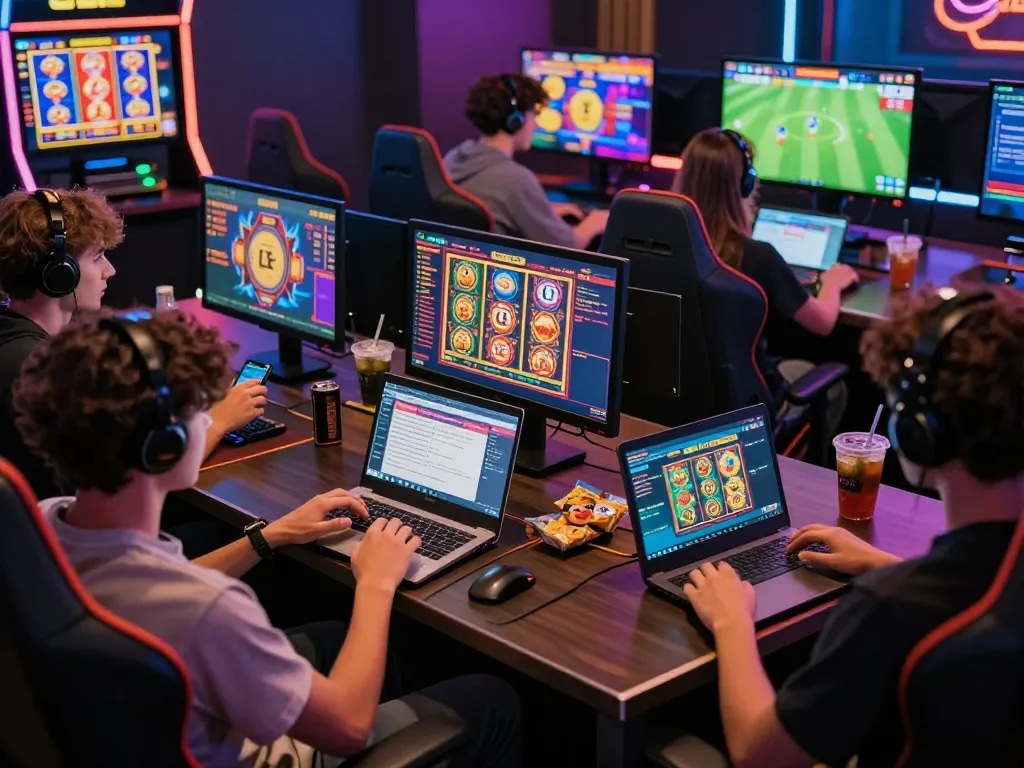 Players enjoying QE8's online betting experience with colorful graphics and modern devices in a lively gaming environment.