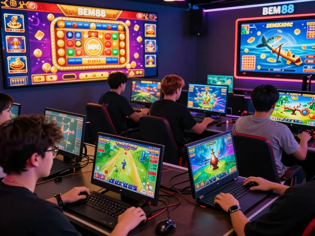 Diverse players engaged in exciting online games at BEM88 gaming platform, showcasing colorful interfaces and lively atmosphere.