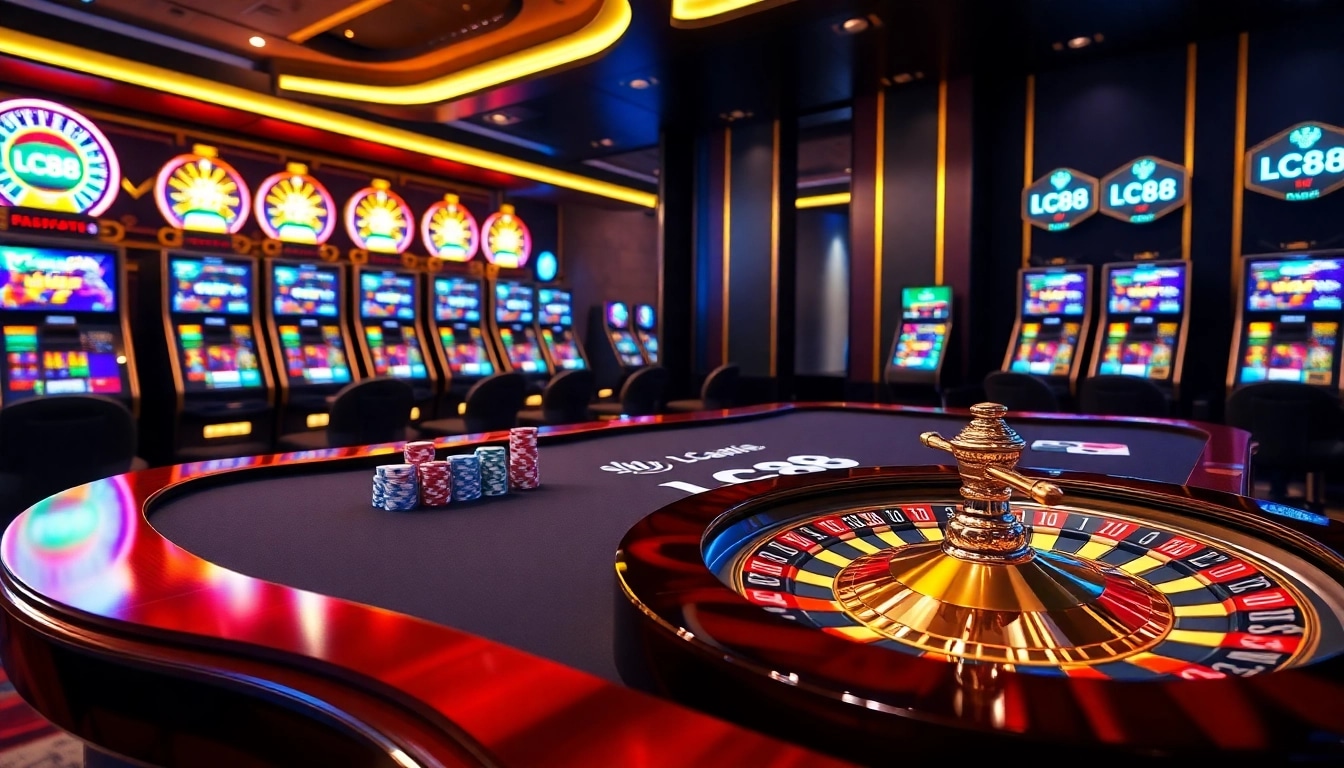 Experience the excitement of lc88 with vibrant casino games featuring roulette and poker chips.