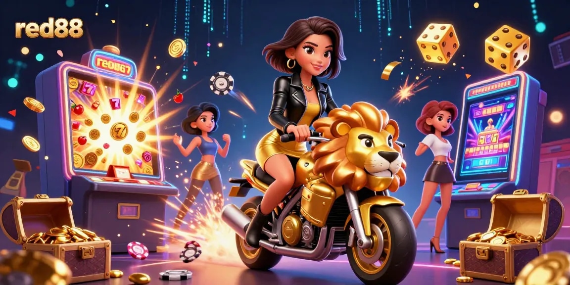 Experience exciting action with red88 as a glamorous woman rides a golden lion amidst casino visuals.