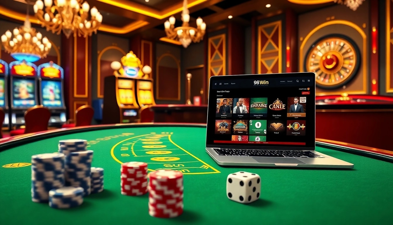 A vibrant baccarat game scene at 98Win with chips, cards, and a roulette wheel, highlighting the excitement of online gambling.
