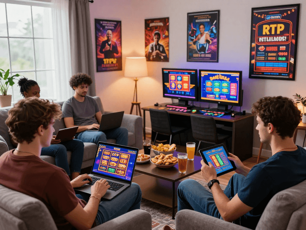 Engaged UK players experiencing USA casinos for UK players in a cozy living room with vibrant gaming screens and soft lighting.