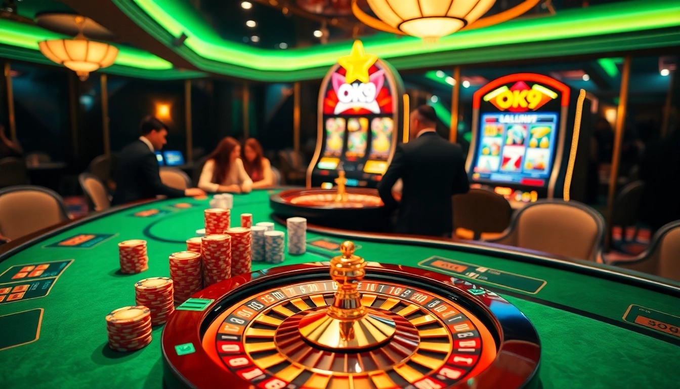 A stunning casino scene featuring engaged players at poker tables and glimmering slot machines, representing the excitement of ok9.