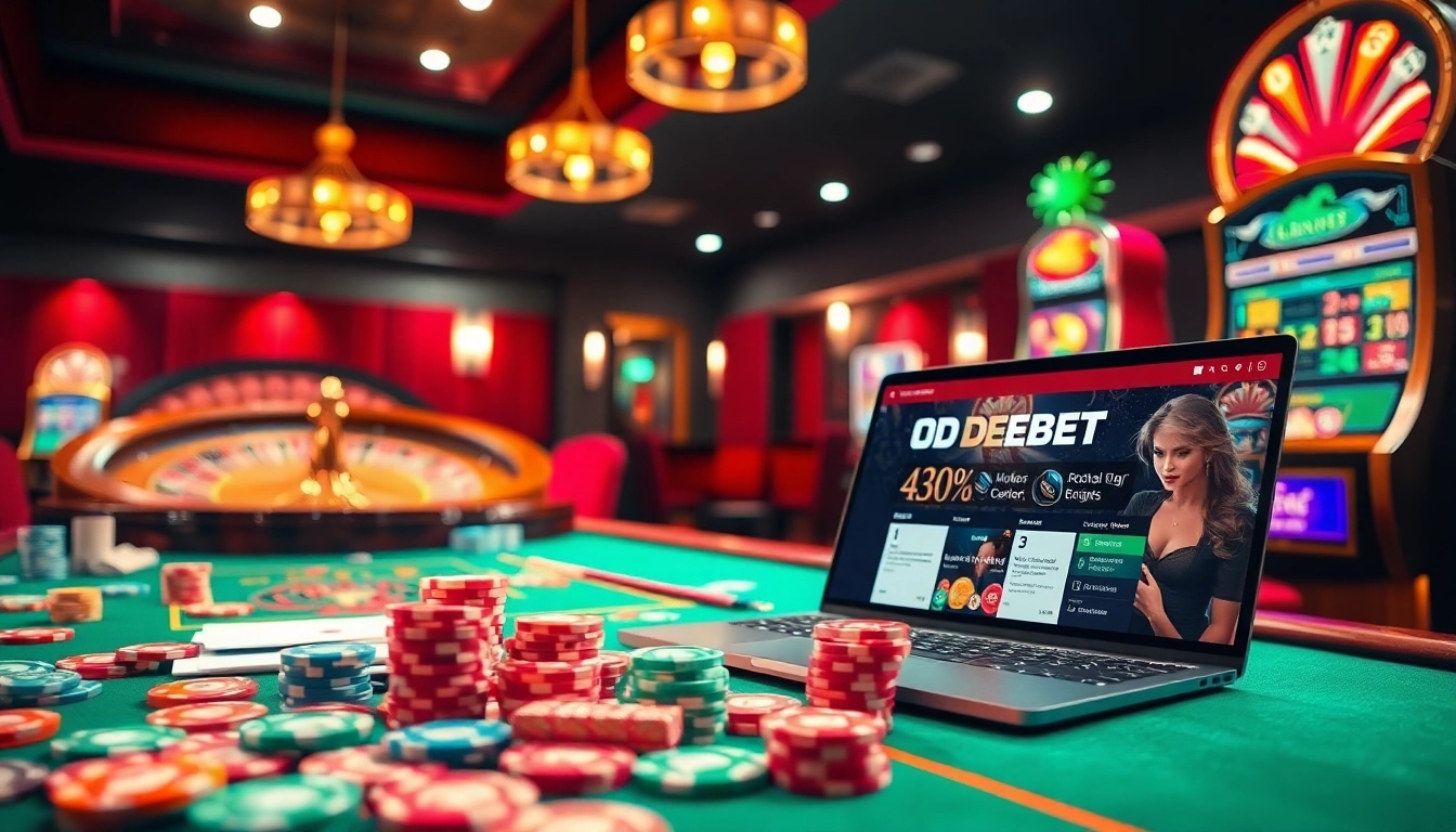 Engaging scene featuring DEBET casino elements with vibrant tables and exciting gambling action.