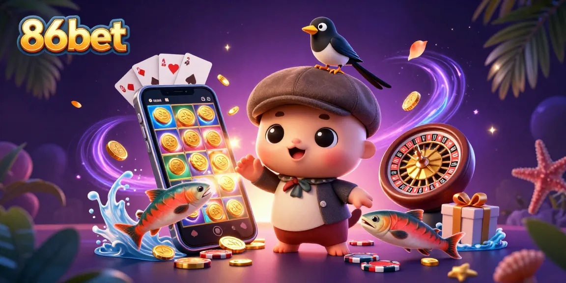 Engage with 86bet's vibrant 3D illustration featuring playful characters surrounded by dynamic casino elements.