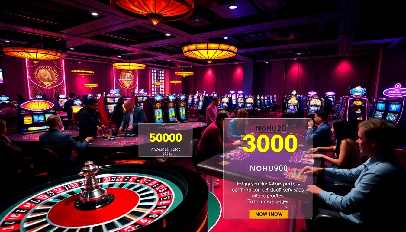 Players engaging in thrilling games at nohu90 casino, showcasing colorful slot machines and poker tables.