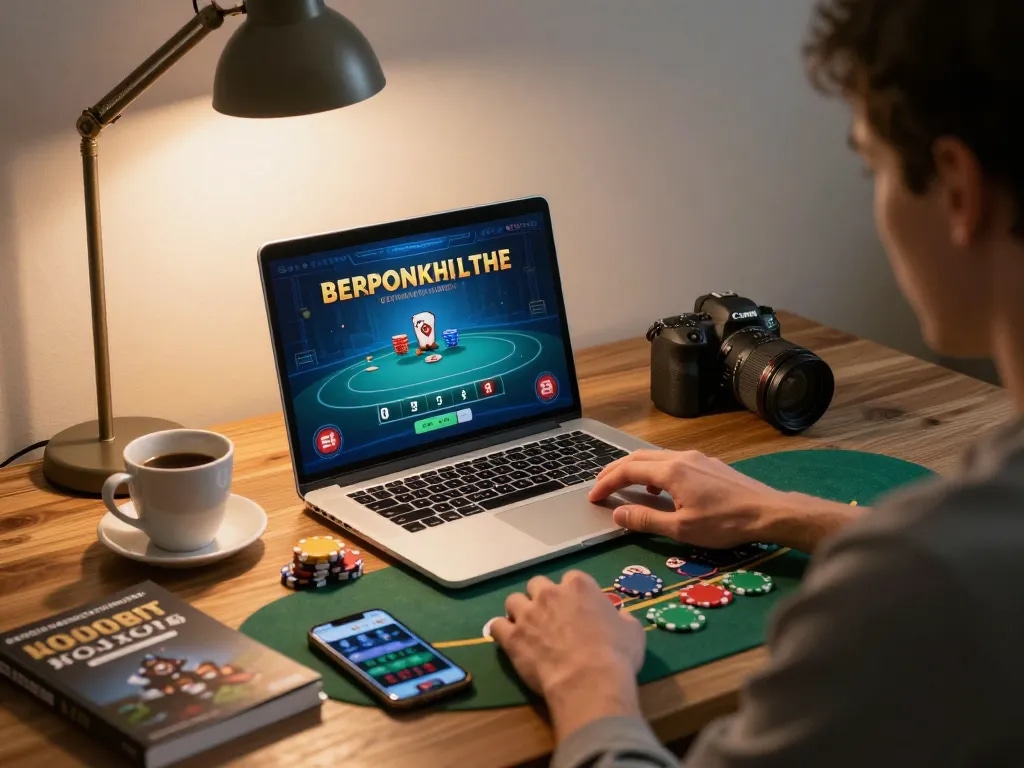 Engaging in max 88 blackjack gameplay on a laptop with a cozy setting and strategy materials