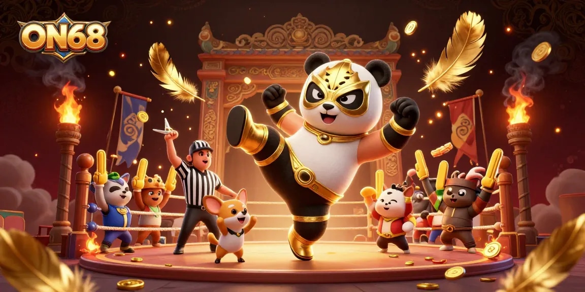 Experience vibrant action at ON68 with a flying panda wrestler and cheering fans in a thrilling casino atmosphere.