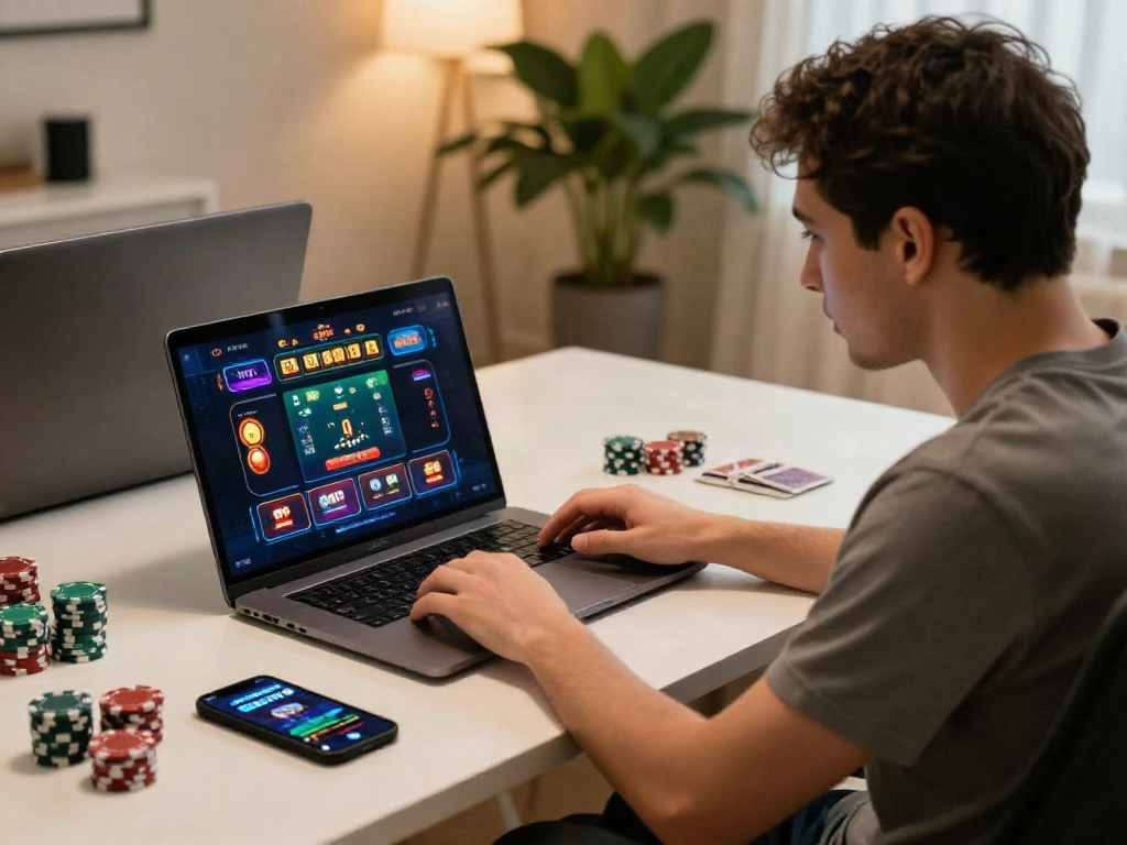 Engaged player exploring a credit card casino on a laptop, showcasing a modern and colorful gaming setup.