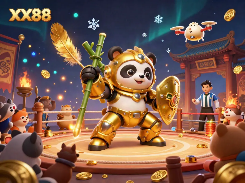 Engage with XX88's thrilling casino experience featuring a golden panda mech-suit in action.