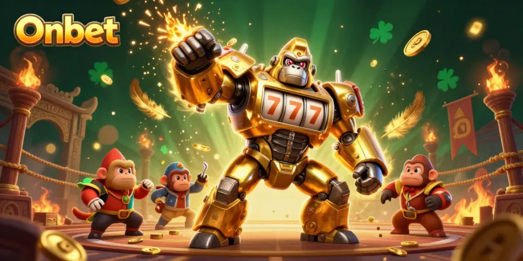 Experience thrilling gaming action with Onbet's dynamic 3D casino scene featuring a golden gorilla mech.