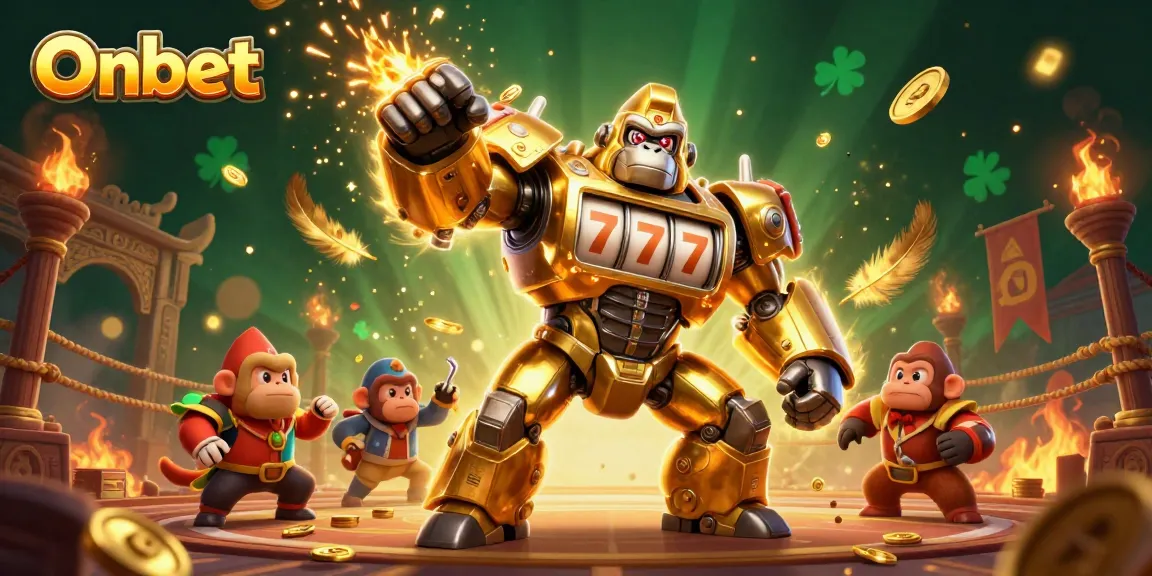 Experience thrilling gaming action with Onbet's dynamic 3D casino scene featuring a golden gorilla mech.