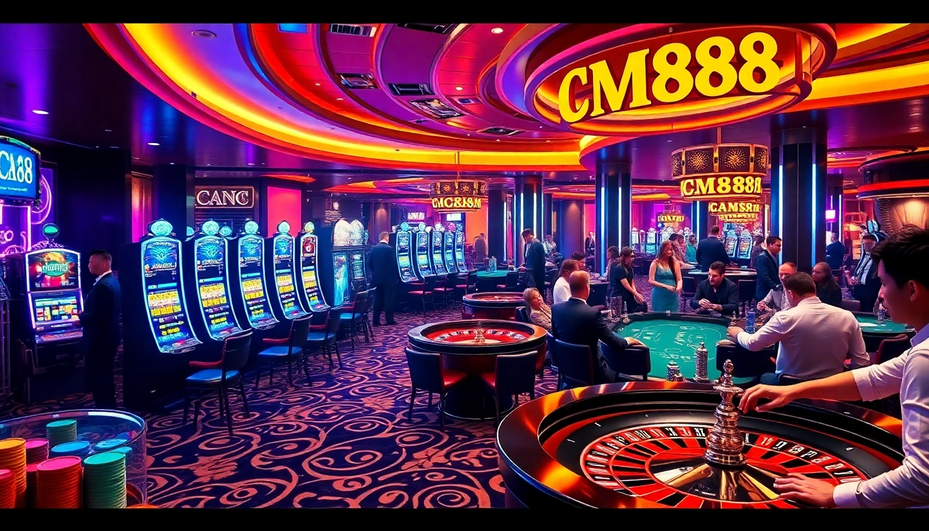 CM88 gamblers enjoy thrilling moments at a vibrant casino with roulette and poker.