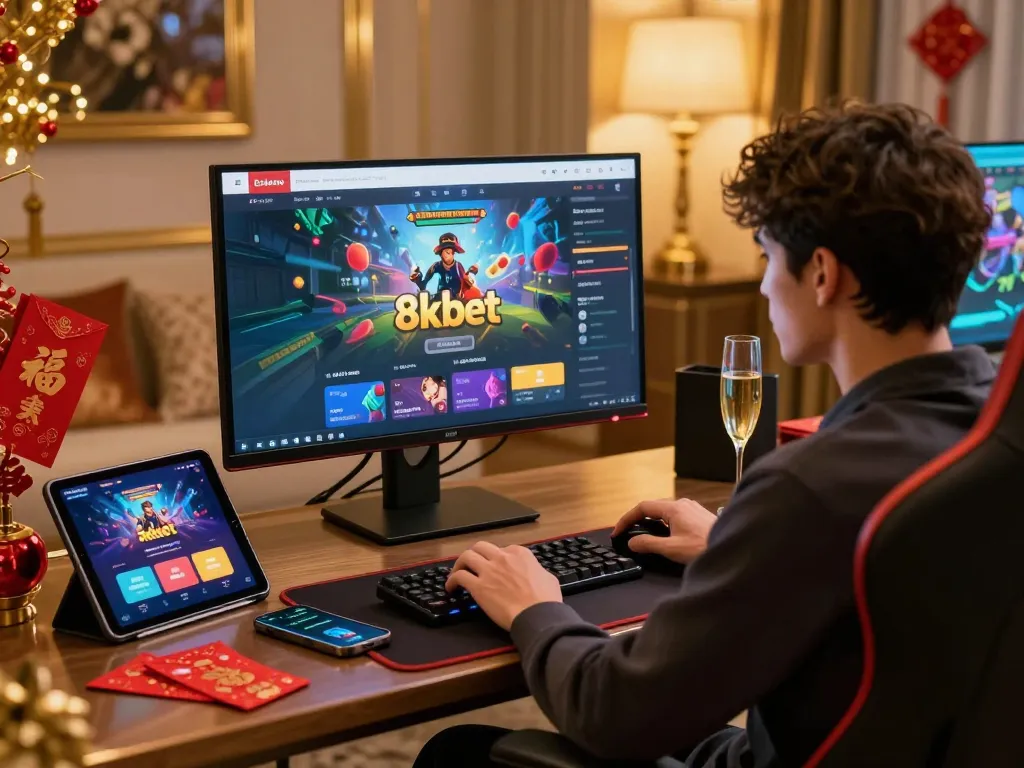 Engaging player enjoying 8kbet online gaming in a festive luxury setting.