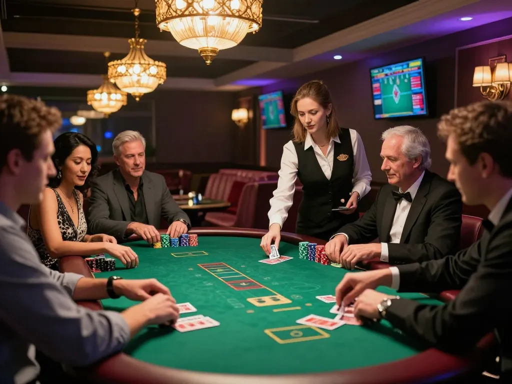 SC88 players engaged in strategic bets at a poker table, showcasing excitement in a vibrant casino atmosphere.