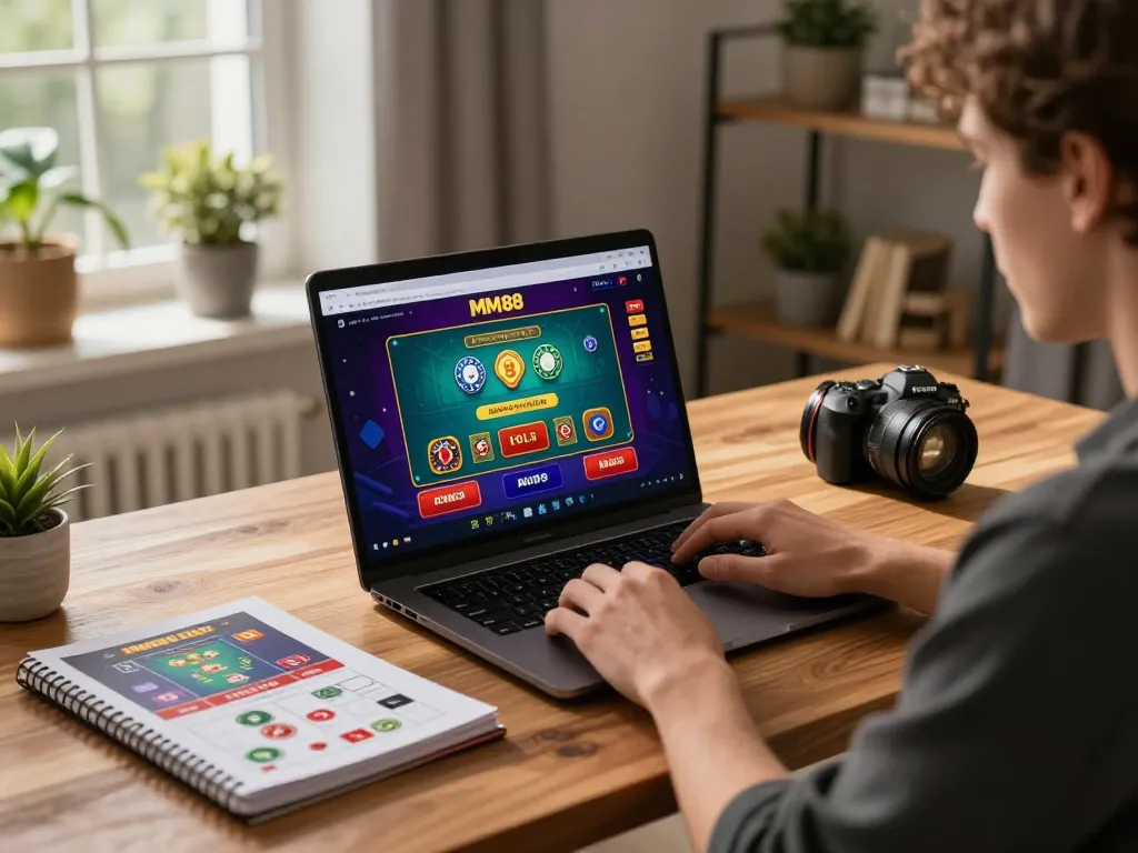 Player strategizing on the MM88 online casino platform at home, showcasing a focused gaming environment.