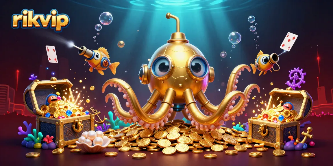Engage with the thrill of rikvip as the golden kraken submarine surfaces amidst chests of fortune.