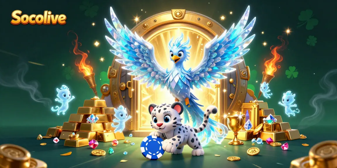 Socolive showcases an ice phoenix, snow leopard, and ice sprites in an energetic gambling scene.