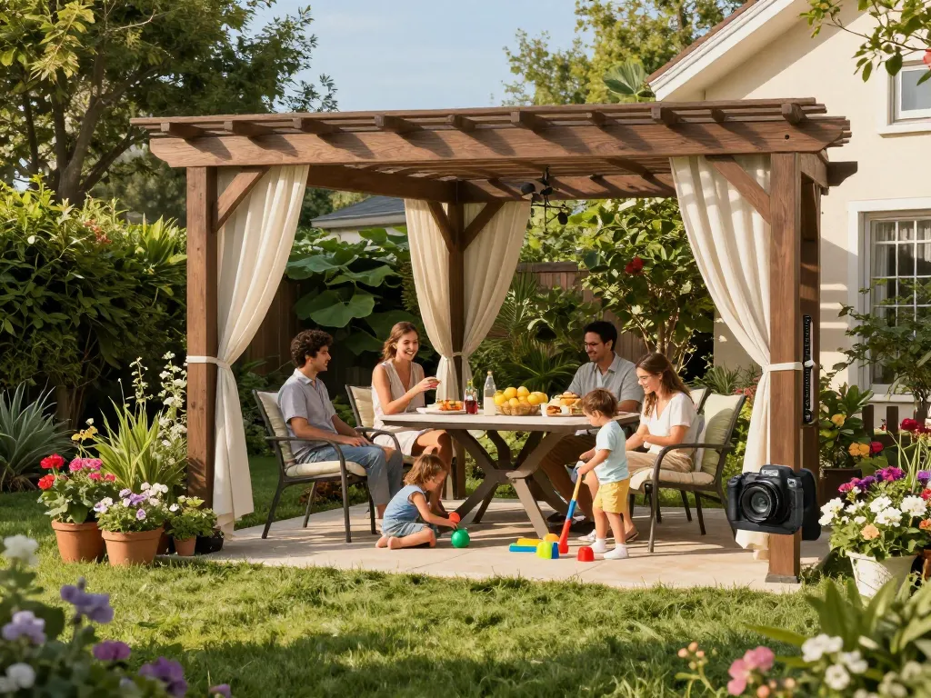 Engaging outdoor family gathering under a stylish pergola configurator.