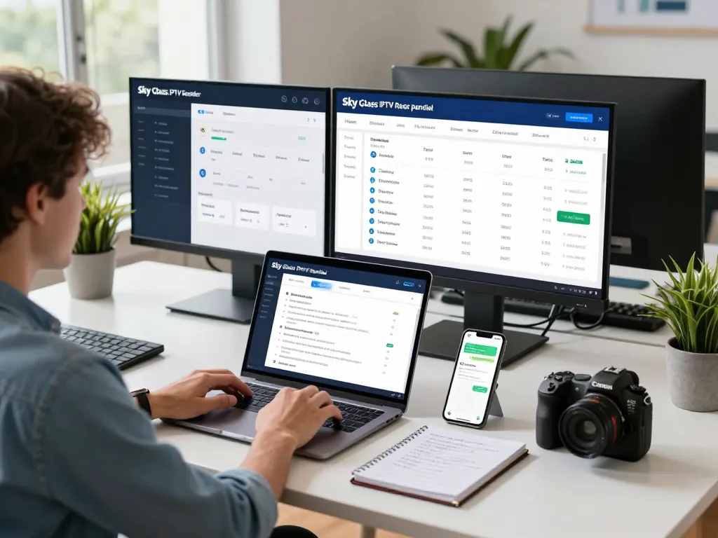 Sky Glass IPTV Reseller Panel dashboard in a modern office workspace