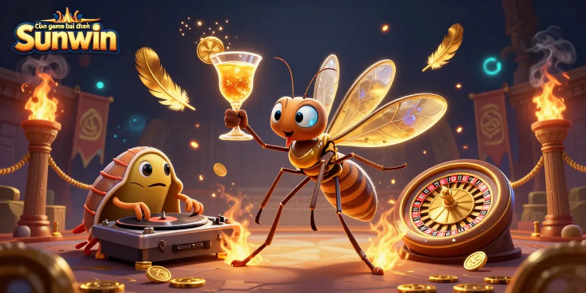 Cổng game bài đổi thưởng Sunwin features a lively 3D casino scene with vibrant characters and elements from gambling adventures.