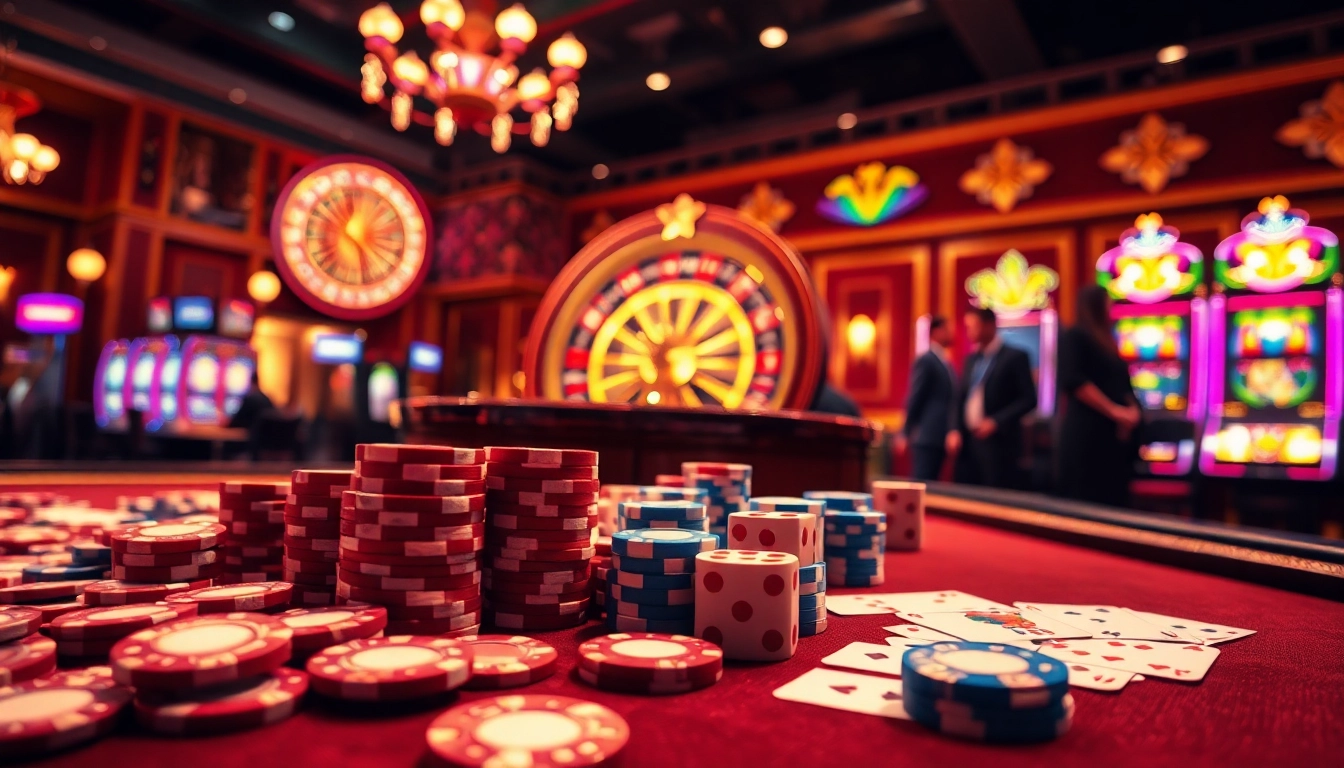 Excited players engaging in a luxurious gaming experience at nhà cái lc88 casino tables with poker chips and cards.