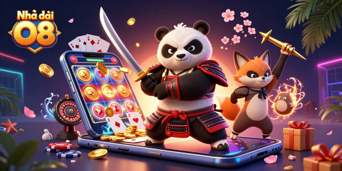 Experience the thrill of Nhà cái O8 with a lively scene of samurai, ninja, and tanuki amidst exciting gaming elements.